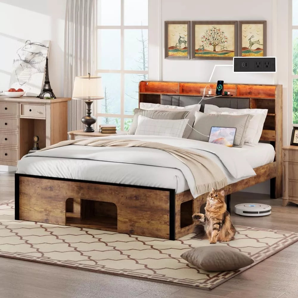 Queen Bed Frame with Upholstered Headboard, Storage, Charging Station & LED - DSARD