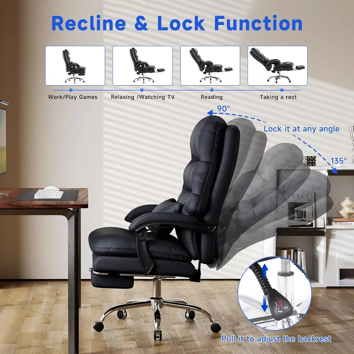 Ergonomic Office Chair with Footrest, Lumbar Support, PU Leather, 400LBS Capacity - DSARD - DSARD
