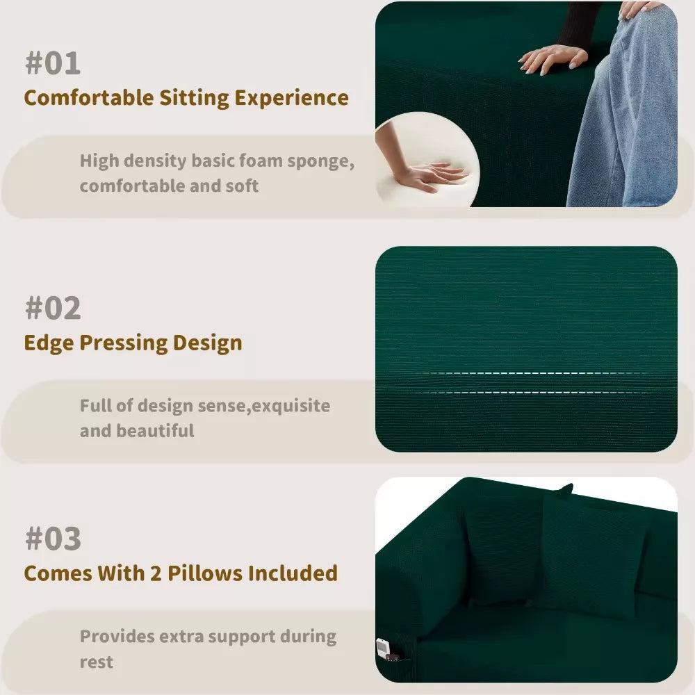 Modular 3-Seater Velvet Sectional Sofa in Green Corduroy for Living Spaces - DSARD