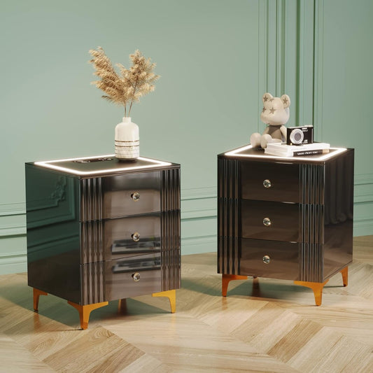 Set of 2 LED Premium Nightstands with Wireless Charging Station and 3 Storage Drawers