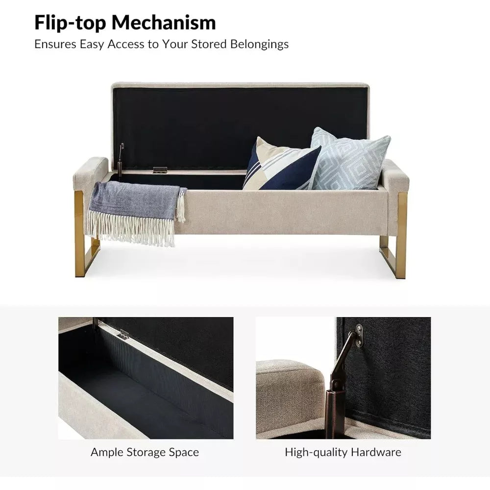 Upholstered Storage Ottoman Bench with Gold Metal Legs for Bedroom & Hallway - DSARD