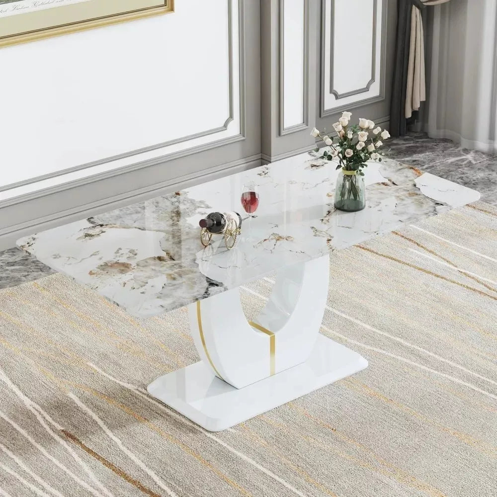 Modern Marble Dining Table with Wooden Pedestal Base - DSARD