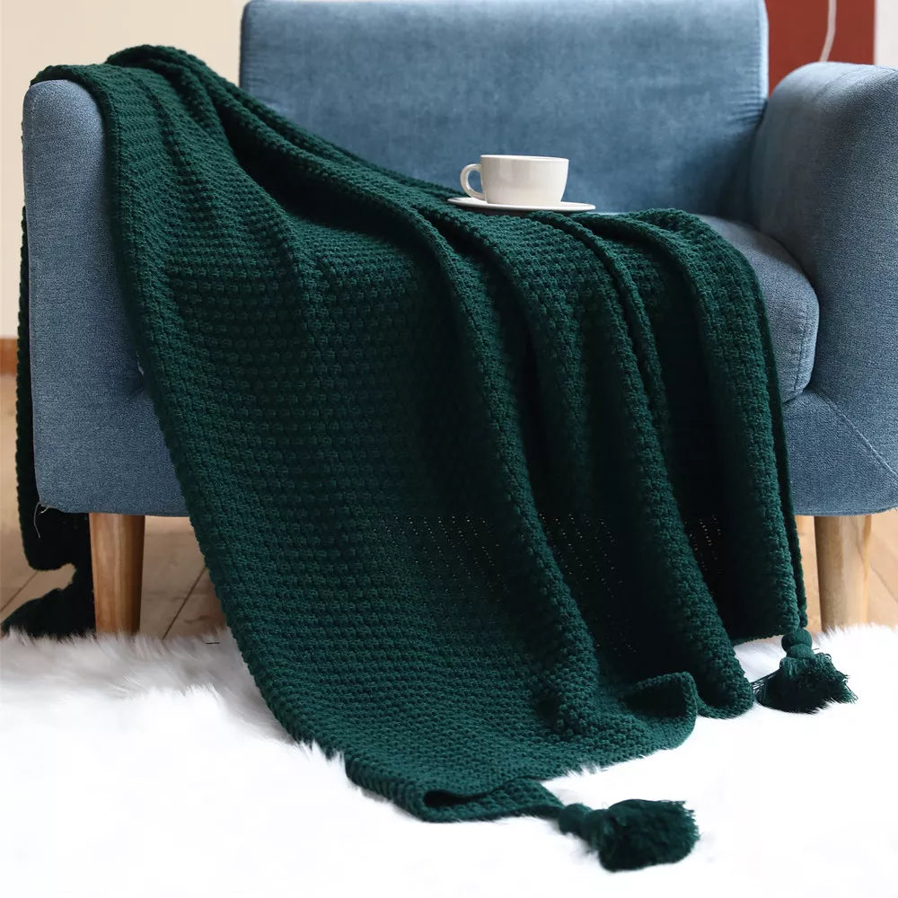 Dark Green Knit Cashmere-Feel Shawl & Oversized Throw Blanket