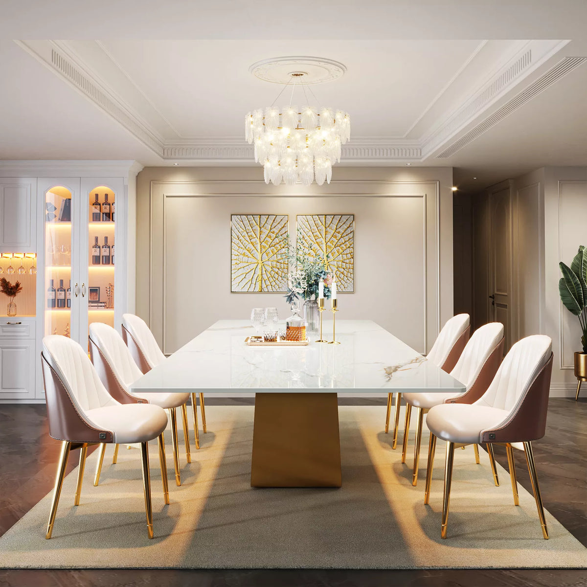 Luxury White & Gold Modern Dining Table for 6-8, 78.74″ Sintered Stone Top - DSARD