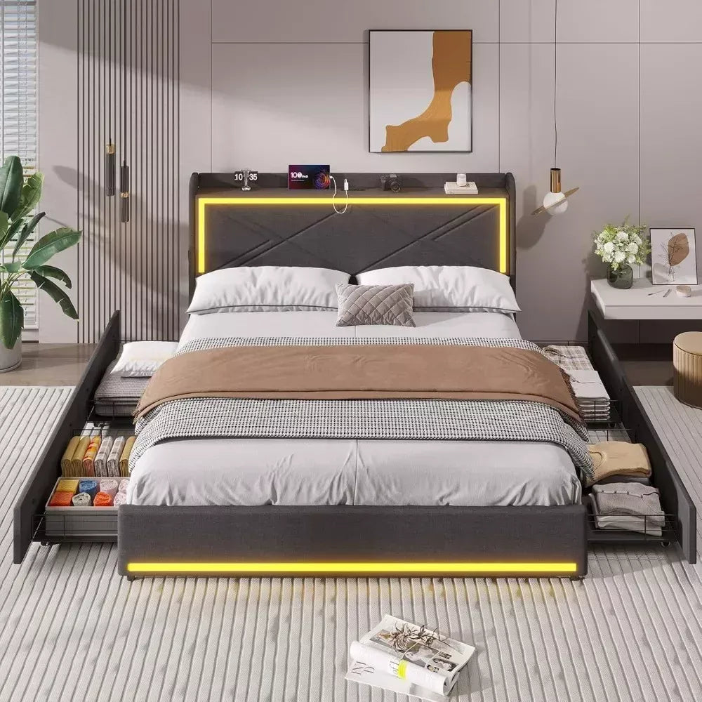 Queen Bed Frame with RGB LED Lights, USB Charging, and Storage Drawers - DSARD
