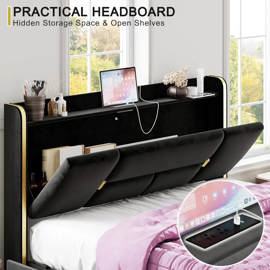 Upholstered Bed Frame with Charging Station and Storage Drawers - DSARD