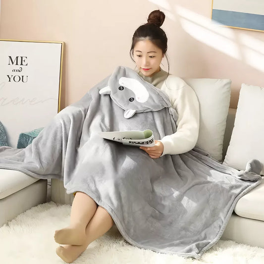 Cozy Cartoon Hooded Blanket – Wearable Coral Velvet Throw for Adults & Kids