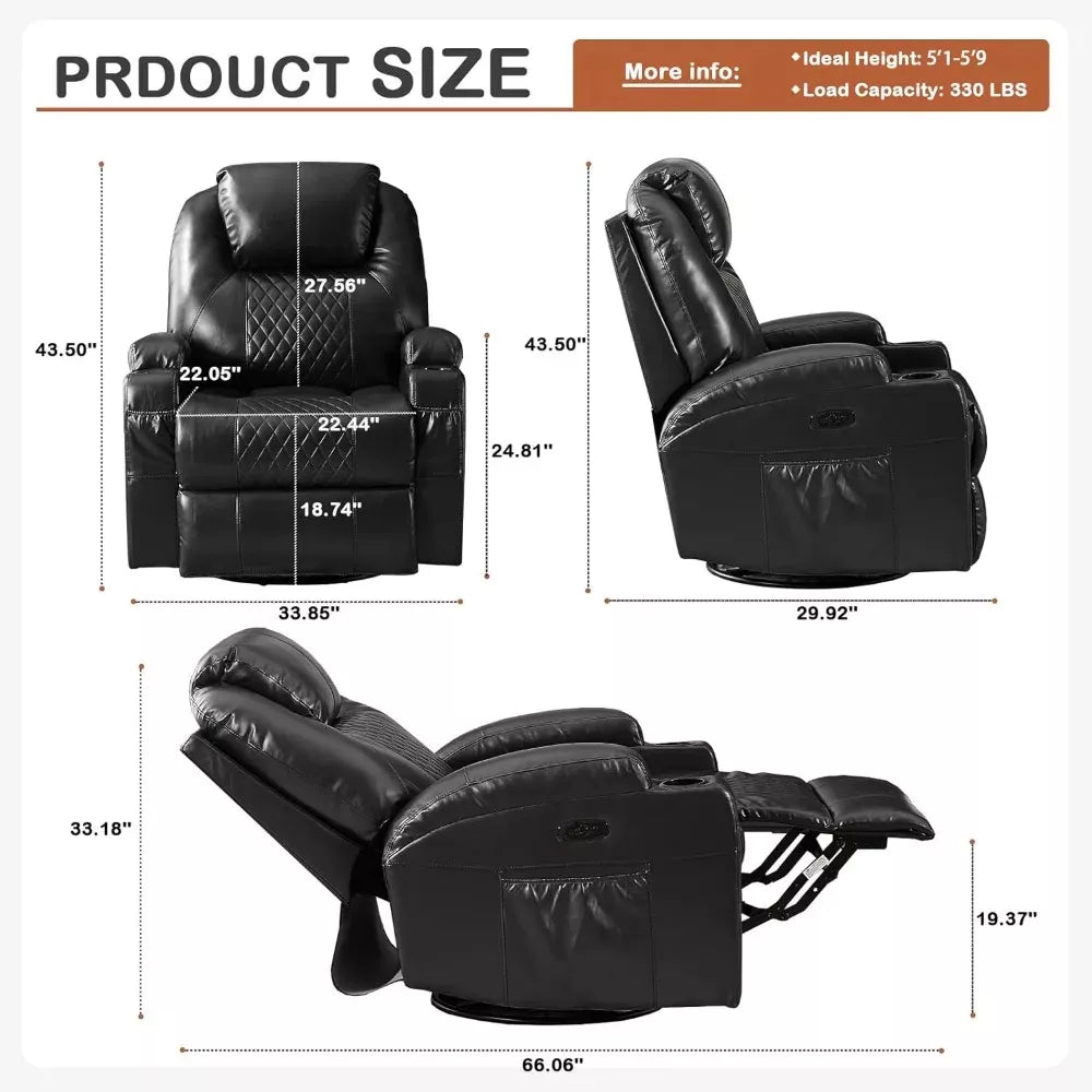 Power Swivel Rocker Recliner Chair with Heat, Massage, USB, LED & Cup Holders - DSARD