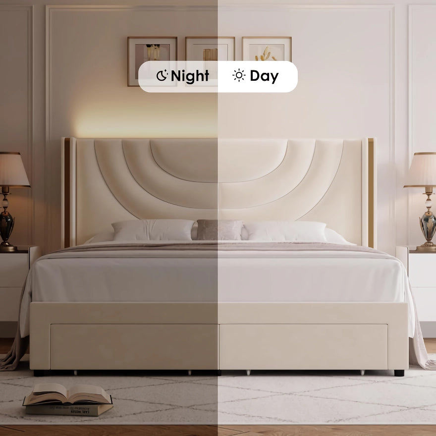 LED Bed Frame with Storage Drawers and Solid Wood Support - DSARD