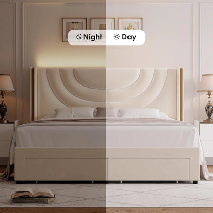 LED Bed Frame with Storage Drawers and Solid Wood Support - DSARD