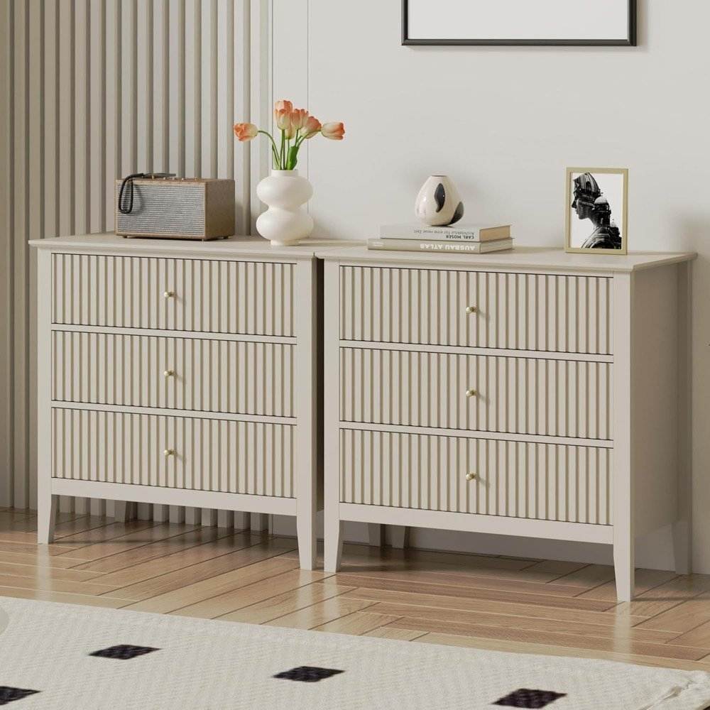 Set of 2 Modern 3-Drawer Premium Nightstands, 30-Inch Tall Fluted Chests with Storage