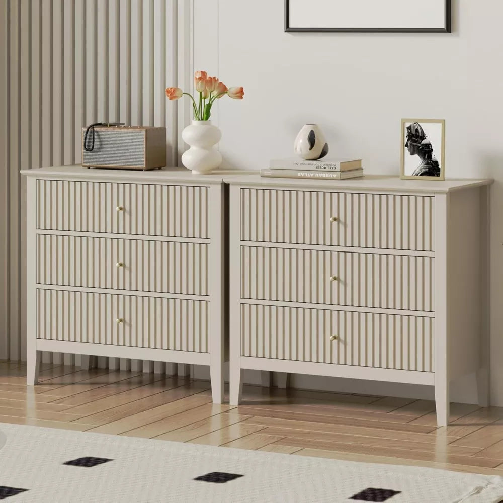 Set of 2 Modern 3-Drawer Nightstands, 30-Inch Tall Fluted Chests with Storage - DSARD