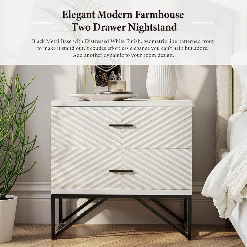Set of 2 Modern 2-Drawer Premium Nightstands with Black Metal Base
