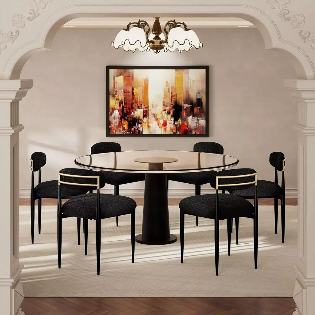 Set of 6 Black Boucle Dining Chairs with Curved Backrest and Metal Legs - DSARD