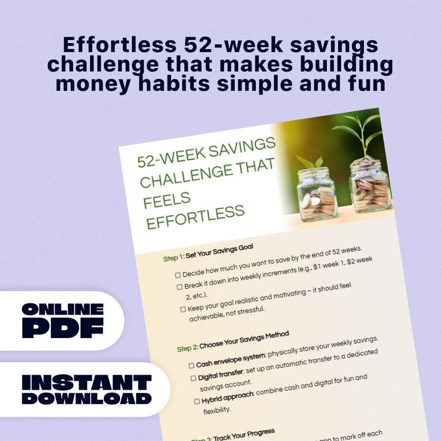 52-Week Savings Challenge That Feels Effortless | Digital Download Checklist | Printable Savings Tracker, Budget Planner, Easy Money-Saving Guide