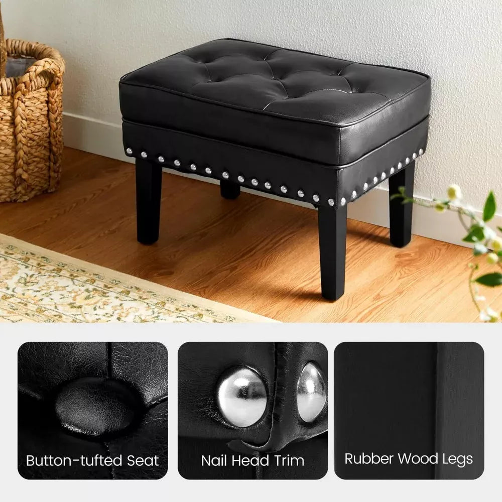 Mid-Century Modern PU Leather Vanity Stool Set – Tufted Ottoman with Nailhead Trim - DSARD