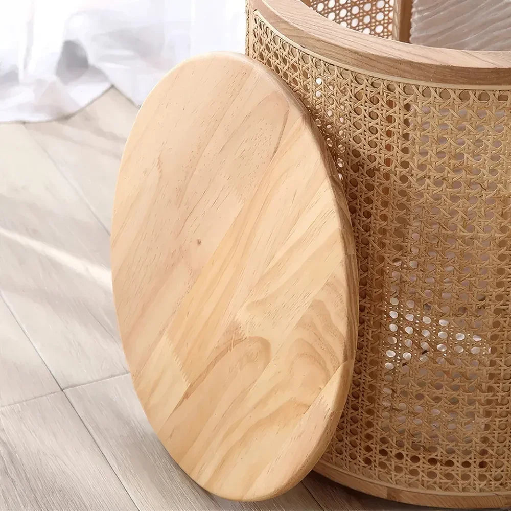 Round Rattan Wood Coffee Table – Modern Chinese Style