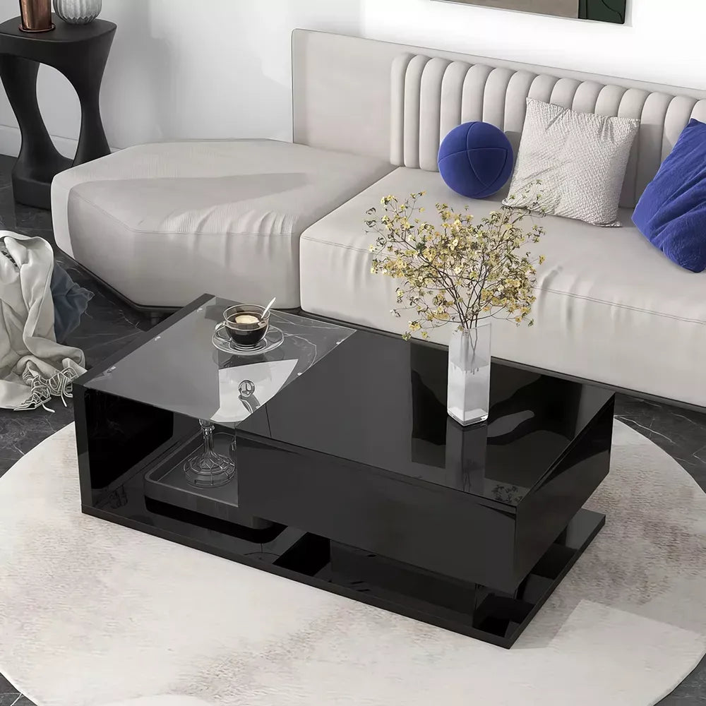 Modern Minimalist Coffee Table with Tempered Glass Top and High-Gloss Wooden Base - DSARD
