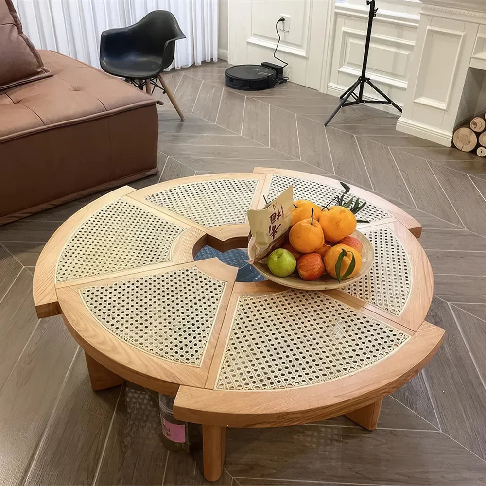 Ash Wood Rattan Round Coffee Table – Low Sofa Side Table