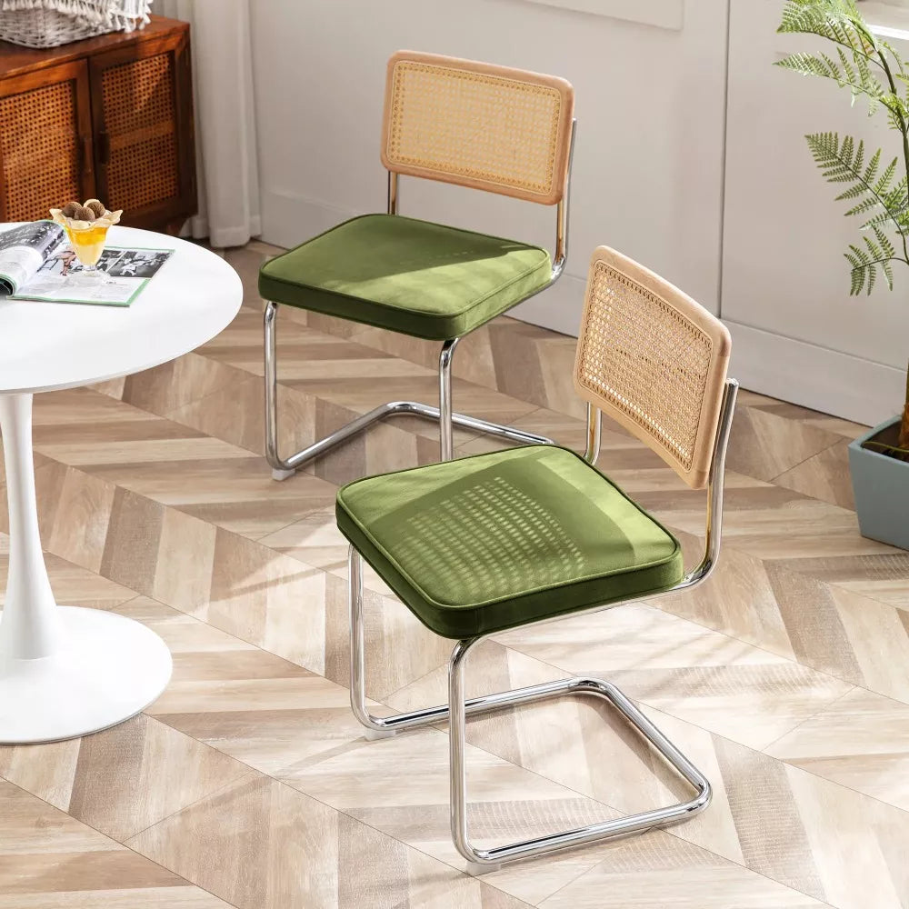 Modern Rattan & Velvet Dining Chairs Set of 2 – Cane Back with Chrome Legs - DSARD