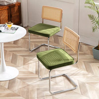 Modern Rattan & Velvet Dining Chairs Set of 2 – Cane Back with Chrome Legs - DSARD