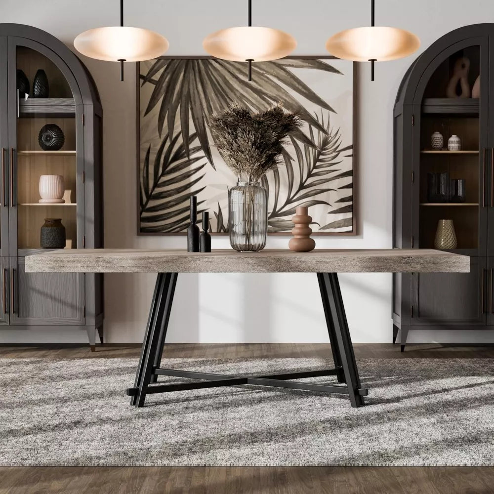 Modern 84″ Solid Wood Rectangle Dining Table with Metal Trestle Base - DSARD