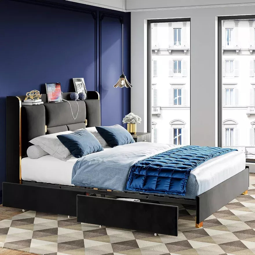 Upholstered Bed Frame with Charging Station and Storage Drawers - DSARD