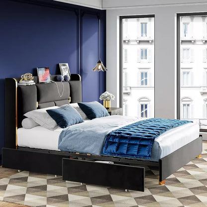 Upholstered Bed Frame with Charging Station and Storage Drawers - DSARD