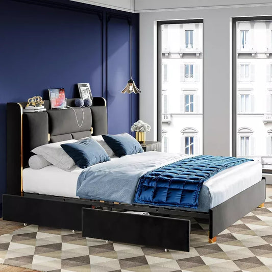 Upholstered Bed Frame with Charging Station and Storage Drawers - DSARD