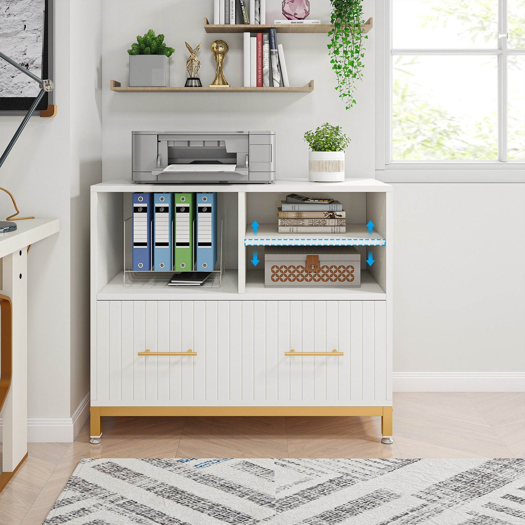 Modern White Lateral File Cabinet with Drawer and Adjustable Storage