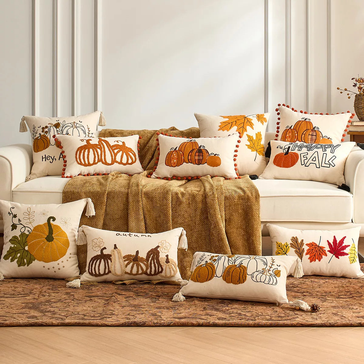 Autumn Pumpkin Embroidered Cushion Covers with Ruffles – Fall Decor