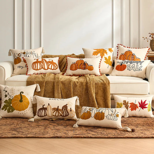 Autumn Pumpkin Embroidered Cushion Covers with Ruffles – Fall Decor