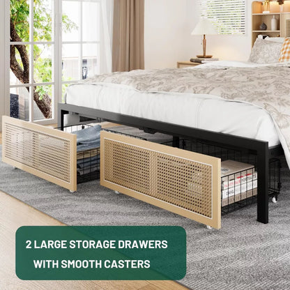 Queen Bed Frame with Storage Headboard, Faux Rattan, LED Lights & Charging Station - DSARD
