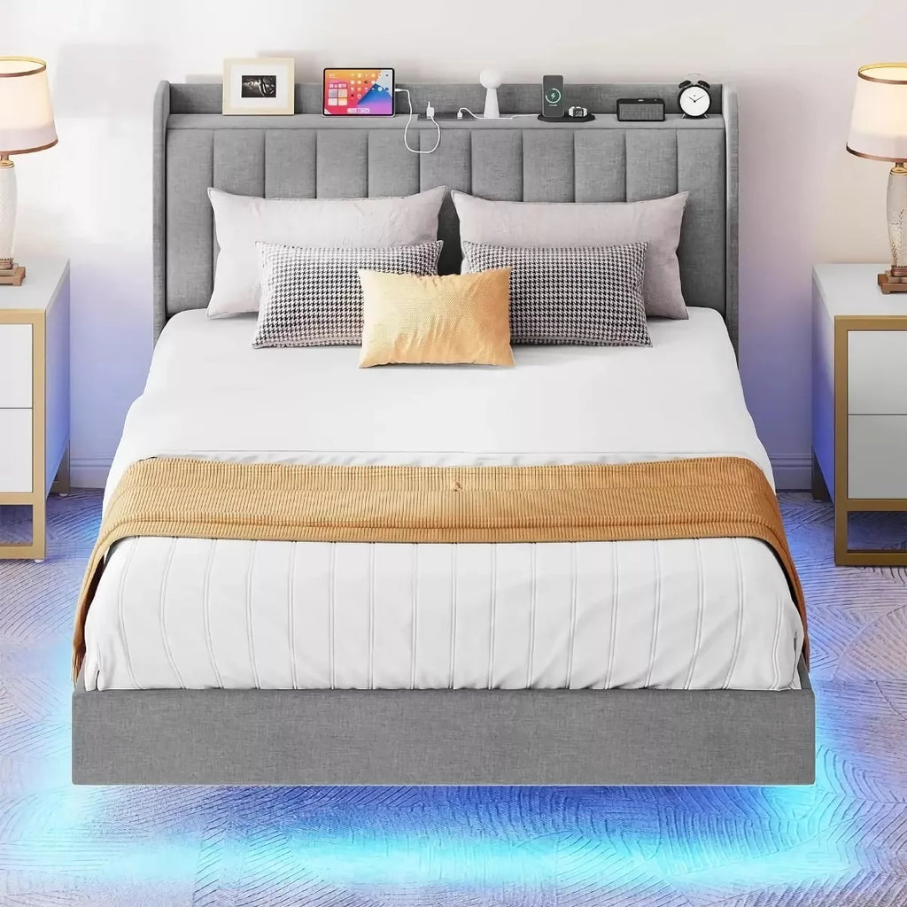 Queen LED Floating Bed Frame with USB & USB-C Charging Ports