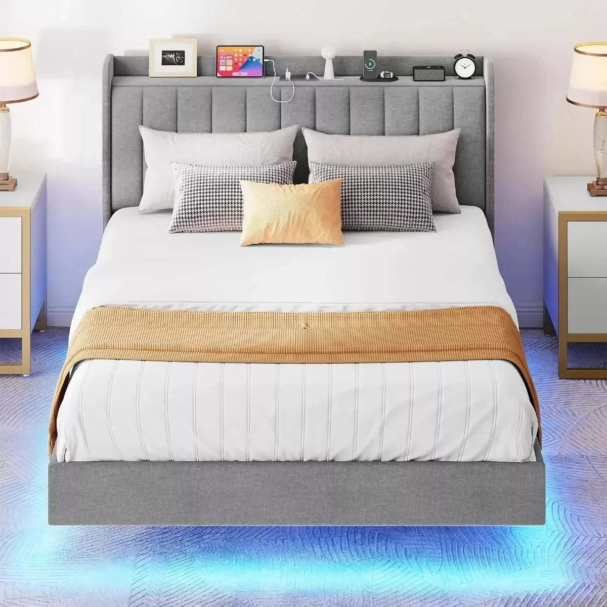 Queen LED Floating Bed Frame with USB & USB-C Charging Ports