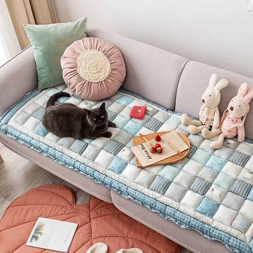 Thick Cotton Grid Patchwork Sofa Cushion & Anti-Slip Tatami Mat