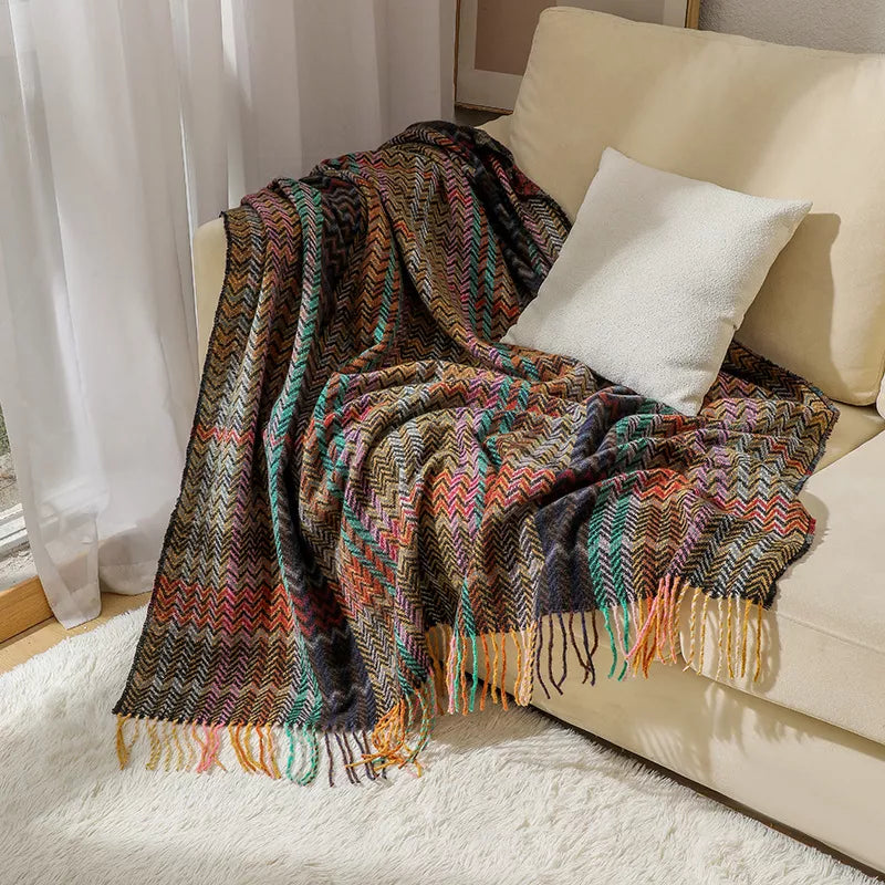 Ethnic Woven Sofa Throw Blanket with Tassel Design