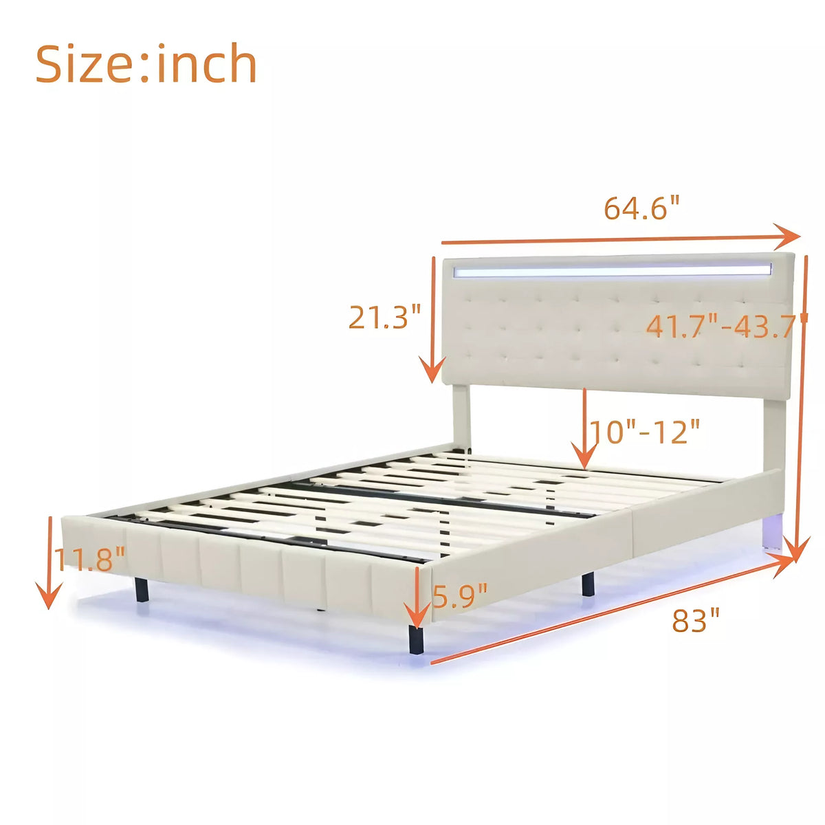Queen Size Floating Bed Frame with LED Lights & USB Charging Station - DSARD