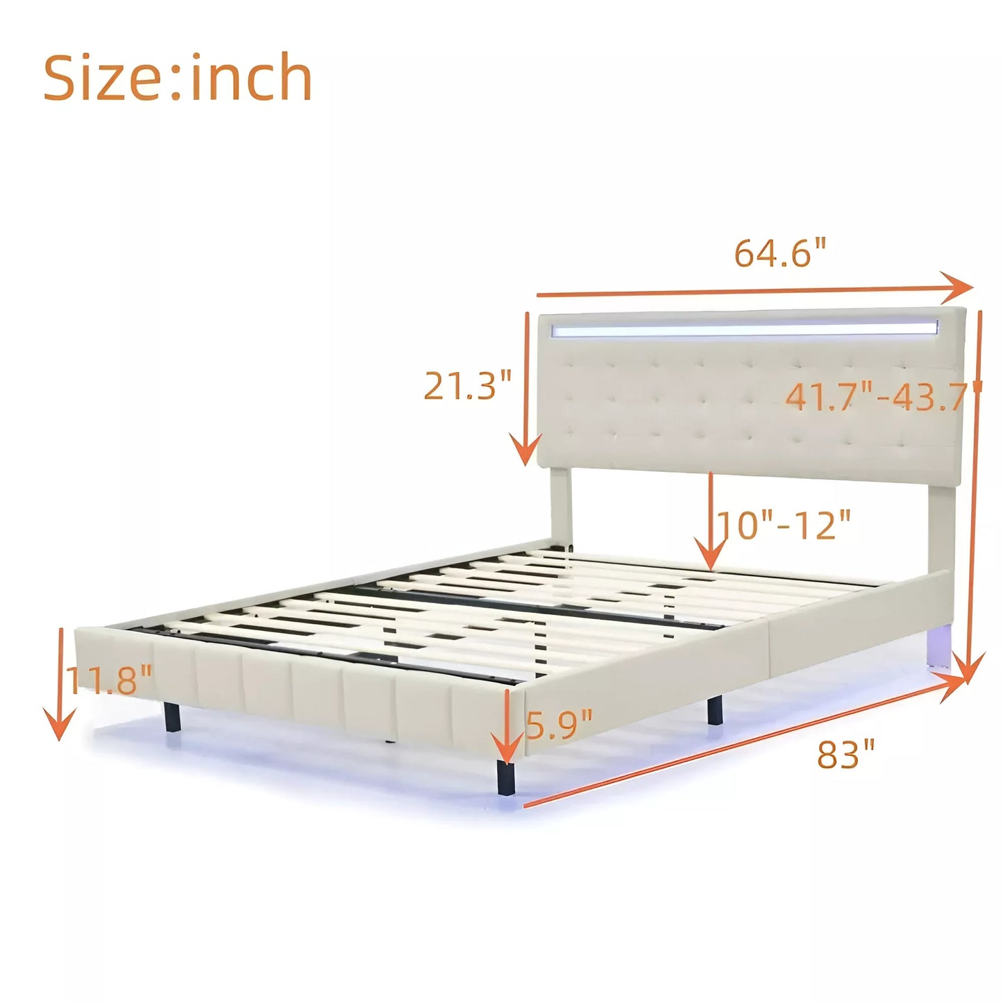 Queen Size Floating Bed Frame with LED Lights & USB Charging Station - DSARD