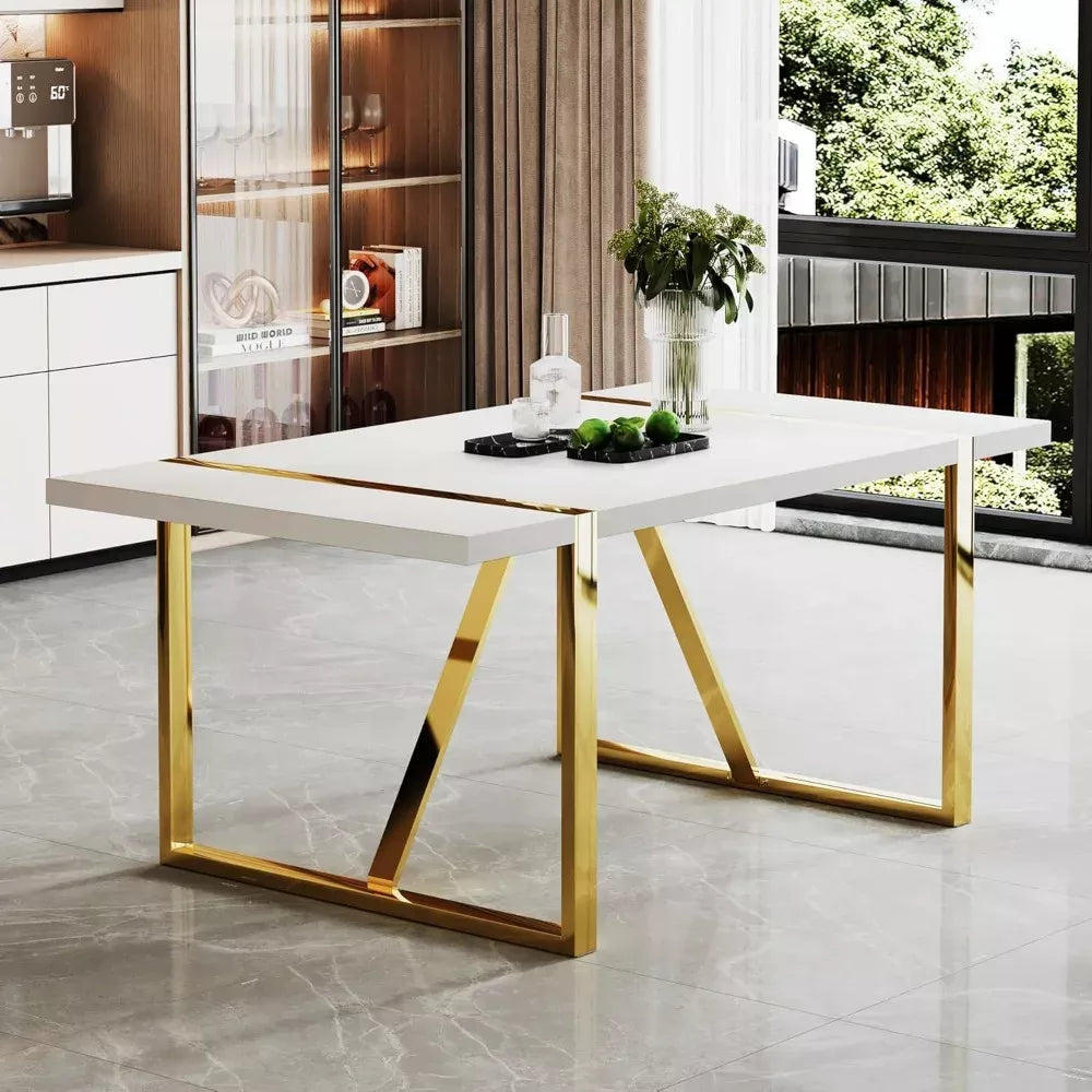 White Modern Dining Table 71″ for 6-8, MDF Top with Gold Stainless Steel Legs - DSARD