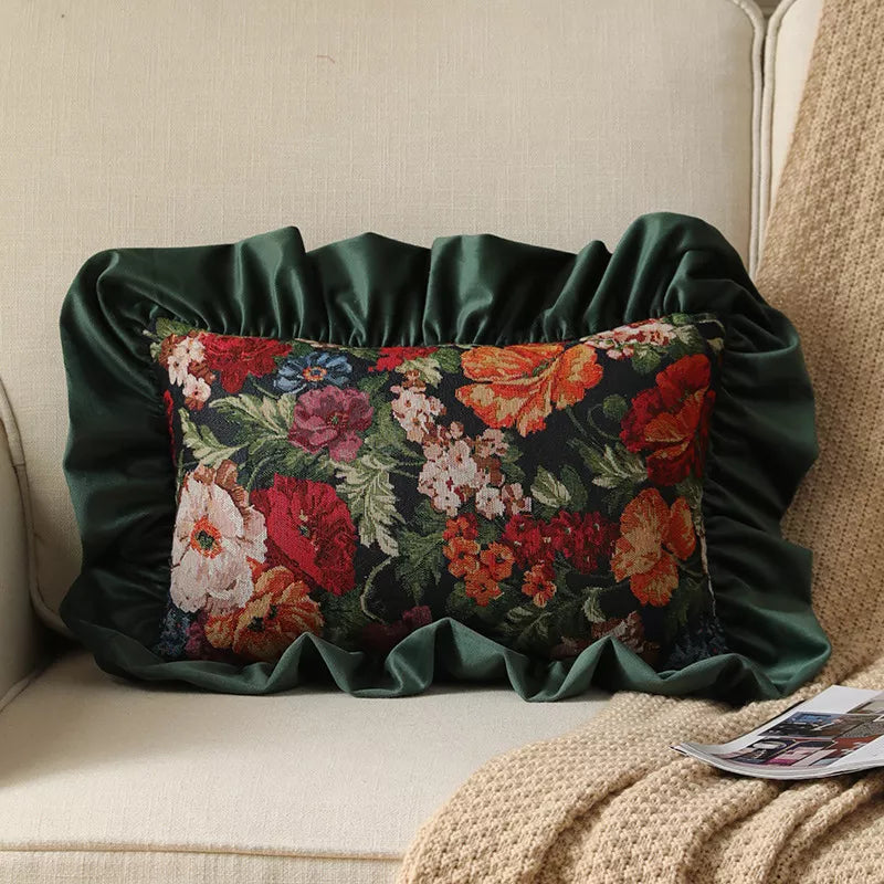 Velvet Ruffle Floral Cushion Cover – Orange & Dark Green Vintage Accent Pillow