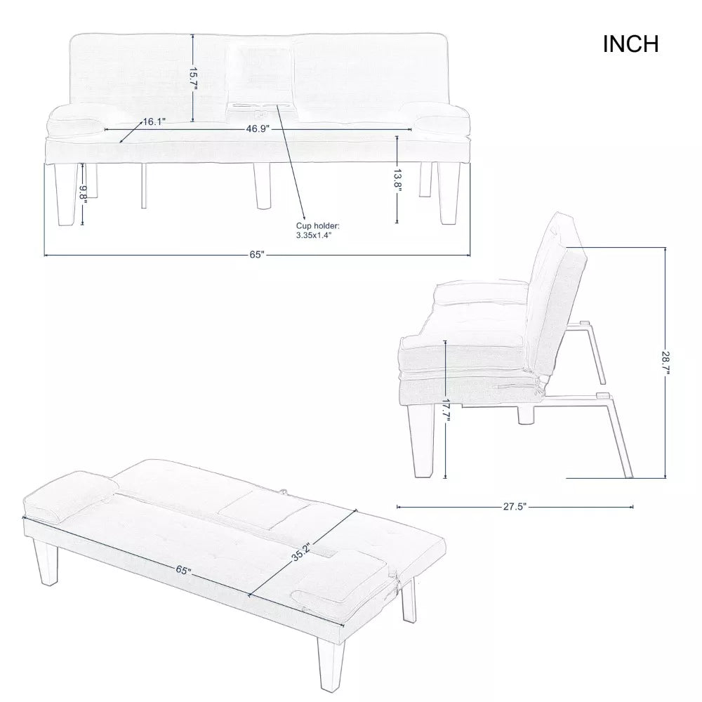 Velvet Futon Sleeper Sofa Bed with Cup Holders and Adjustable Backrest - DSARD
