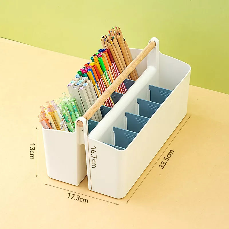 Adjustable Plastic Desktop Organizer Caddy with Wooden Handle - DSARD