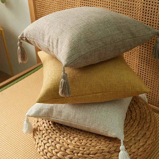 Set of 2 Rustic Linen Throw Pillow Covers with Tassels