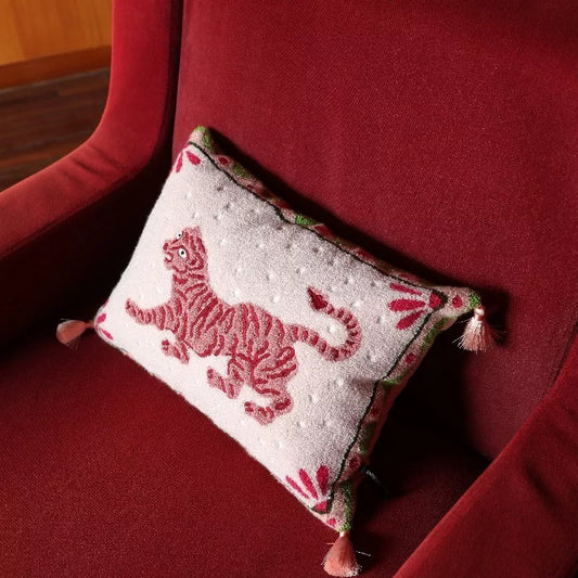 Pink Leopard & Black Cat Embroidered Decorative Pillow Cover