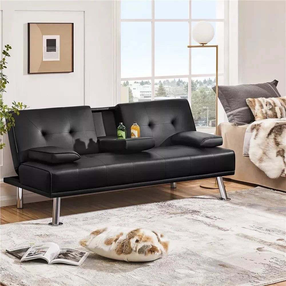 Modern Faux Leather Futon Sofa Bed with Cupholders and Pillows - DSARD