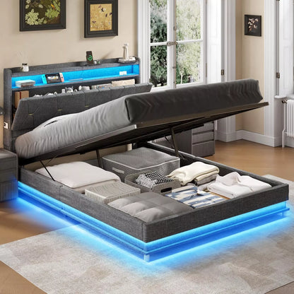 Full Size Upholstered Bed Frame with Lift-Up Storage, Charging Ports & LED Lights - DSARD