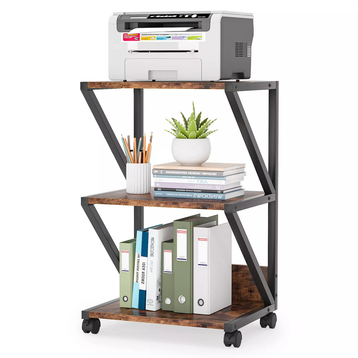 3-Tier Rolling Printer Cart with Storage Shelves and Wheels