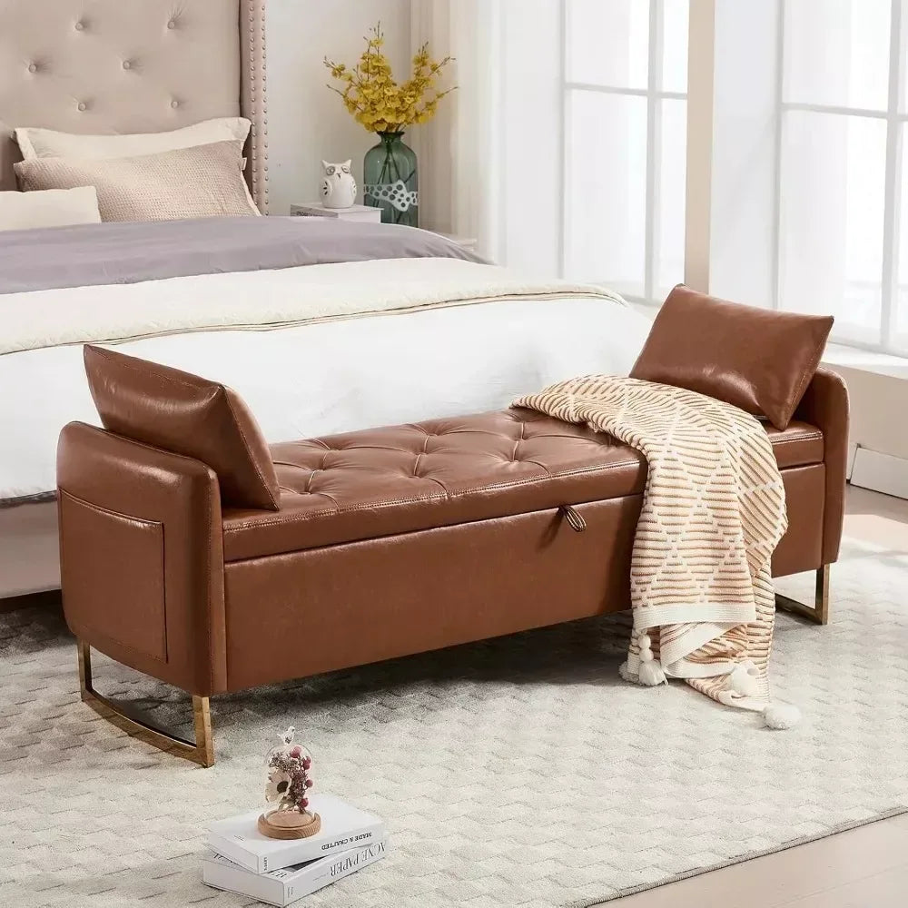 65″ Leather Storage Ottoman Bench with Tufted Upholstery & Gold Legs - DSARD - DSARD