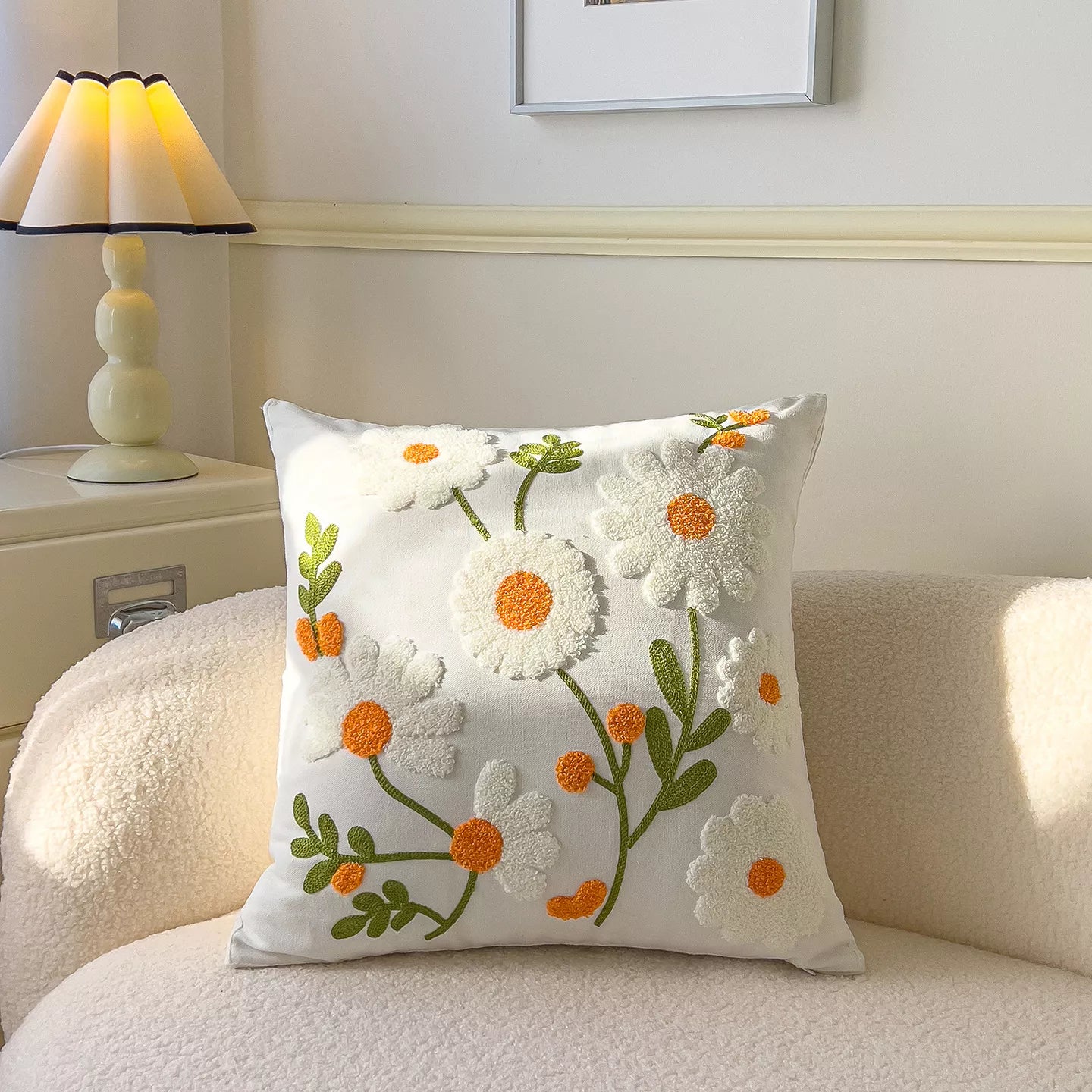Floral Embroidered Cotton Pillow Cover 18×18 Inch – Cozy Decorative Cushion Case